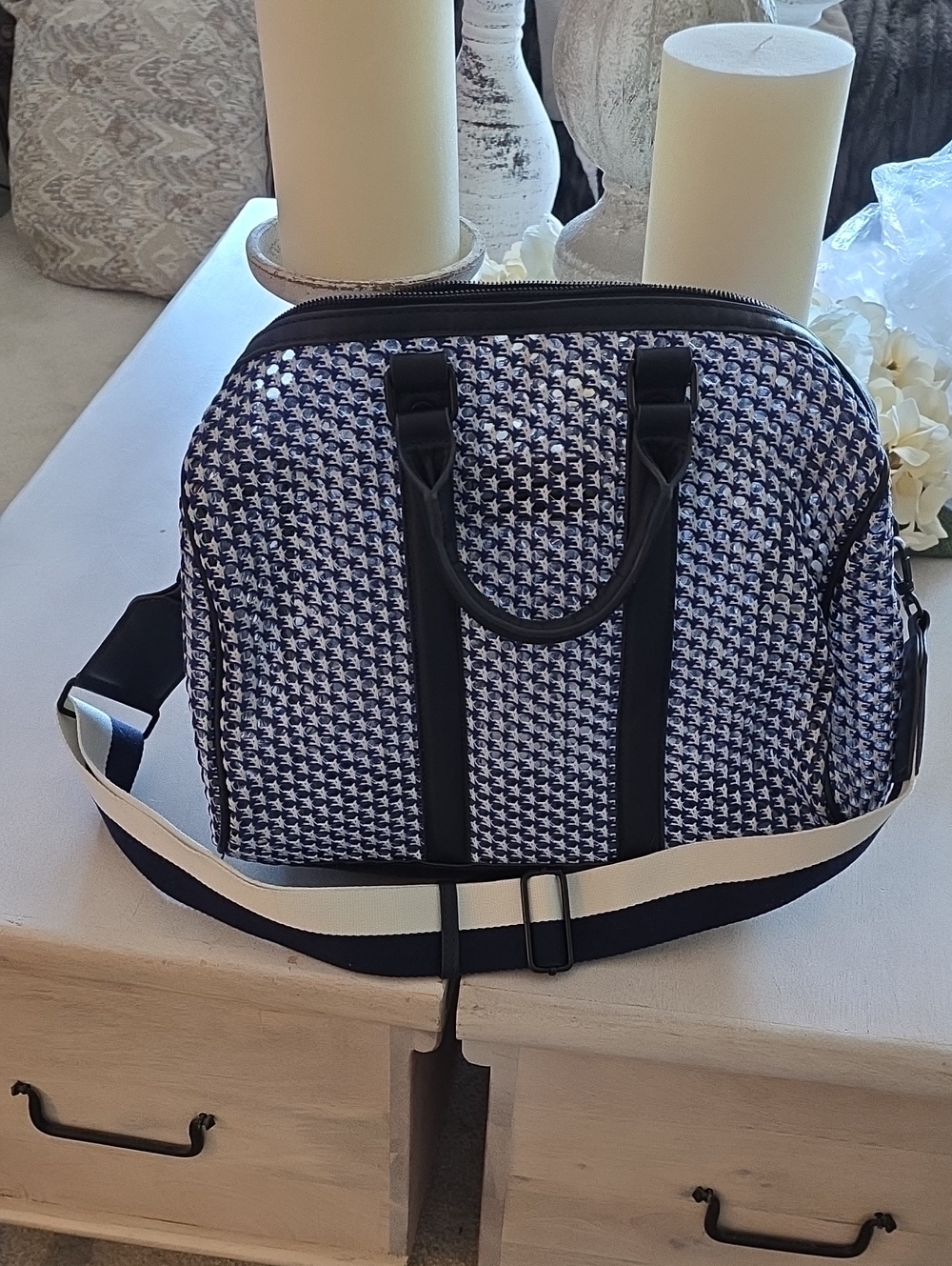 Steve Madden Navy and White Houndstooth Quilted Satchel